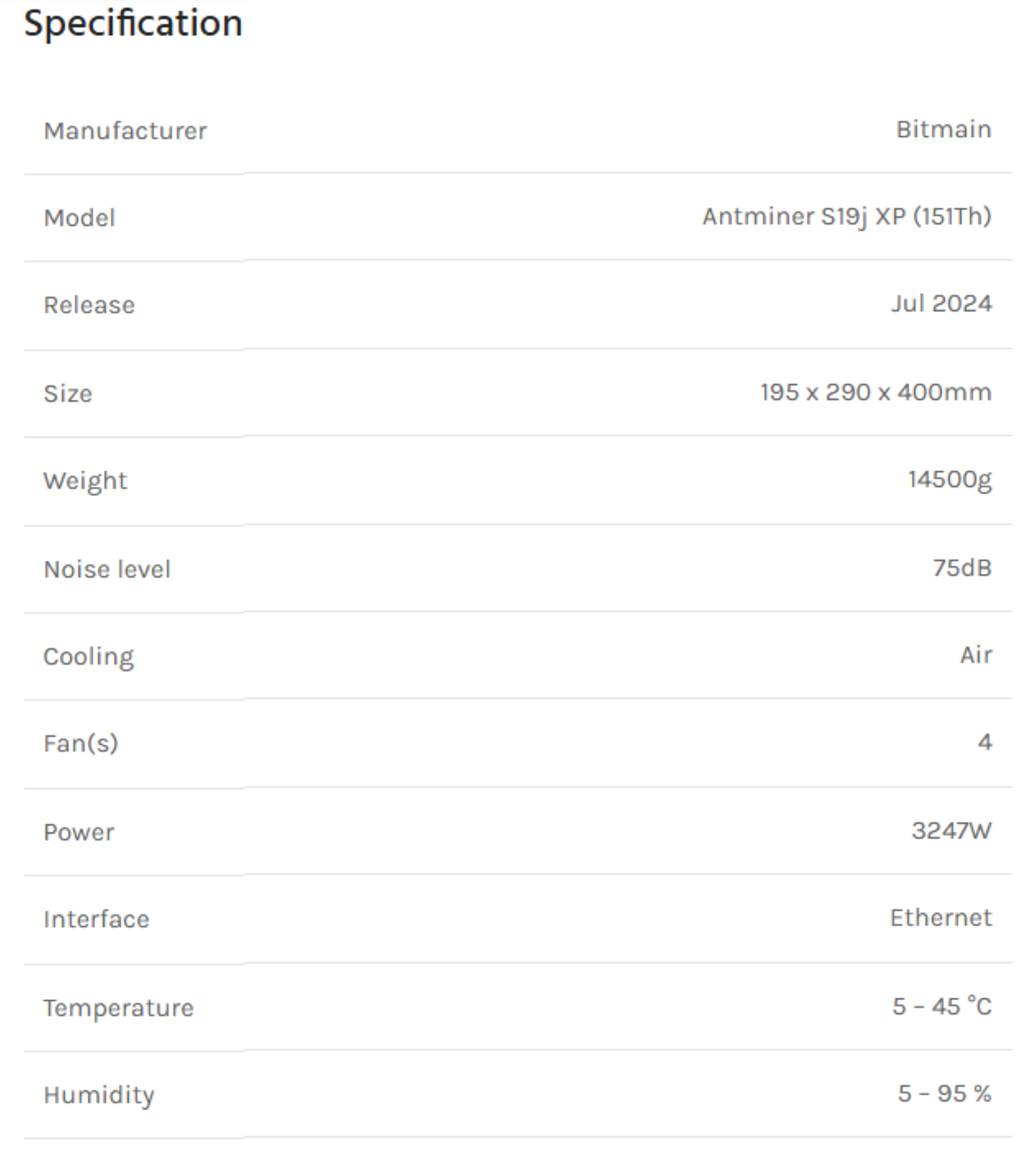 Antminer S19J XP 151Th/s@3247W Bitcoin Miner