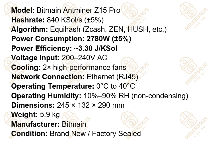 Antminer Z15 Pro 840kSol/s@2780W Zcash Miner