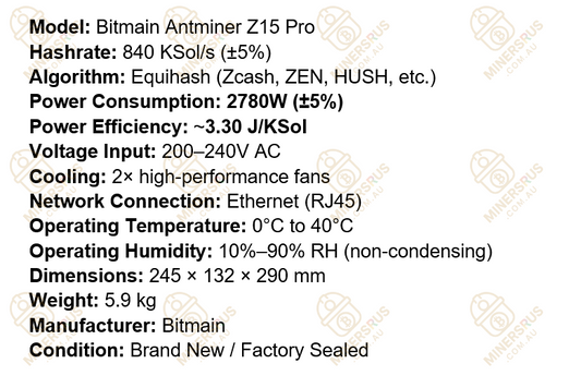 Antminer Z15 Pro 840kSol/s@2780W Zcash Miner