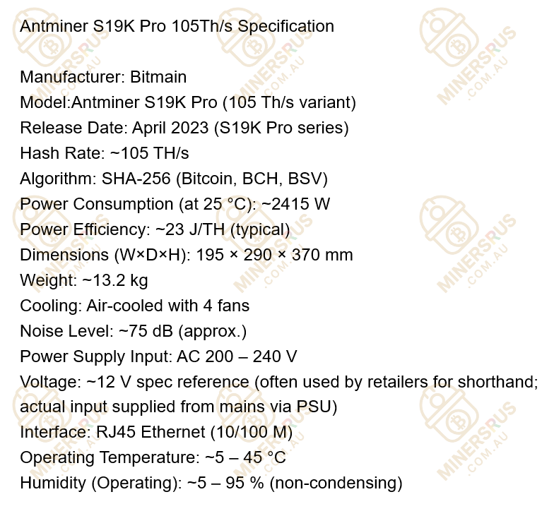 Bitmain Antminer S19K Pro 105Th/s@2415W Bitcoin Miner
