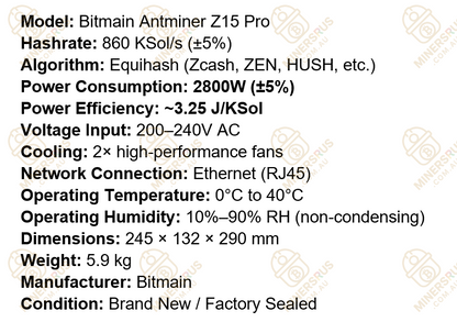 Antminer Z15 Pro 860kSol/s@2800W Zcash Miner