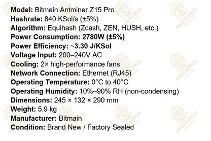 Antminer Z15 Pro 840kSol/s@2780W Zcash Miner