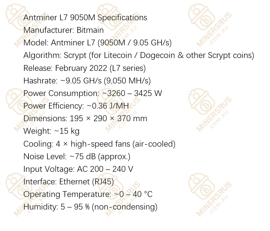 Antminer L7 9050Mh/s@3425W Dogecoin & Litecoin Miner