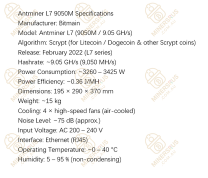 Antminer L7 9050Mh/s@3425W Dogecoin & Litecoin Miner