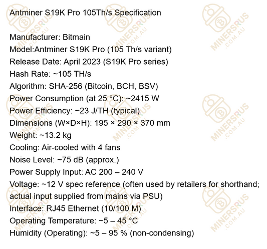 Bitmain Antminer S19K Pro 105Th/s@2415W Bitcoin Miner